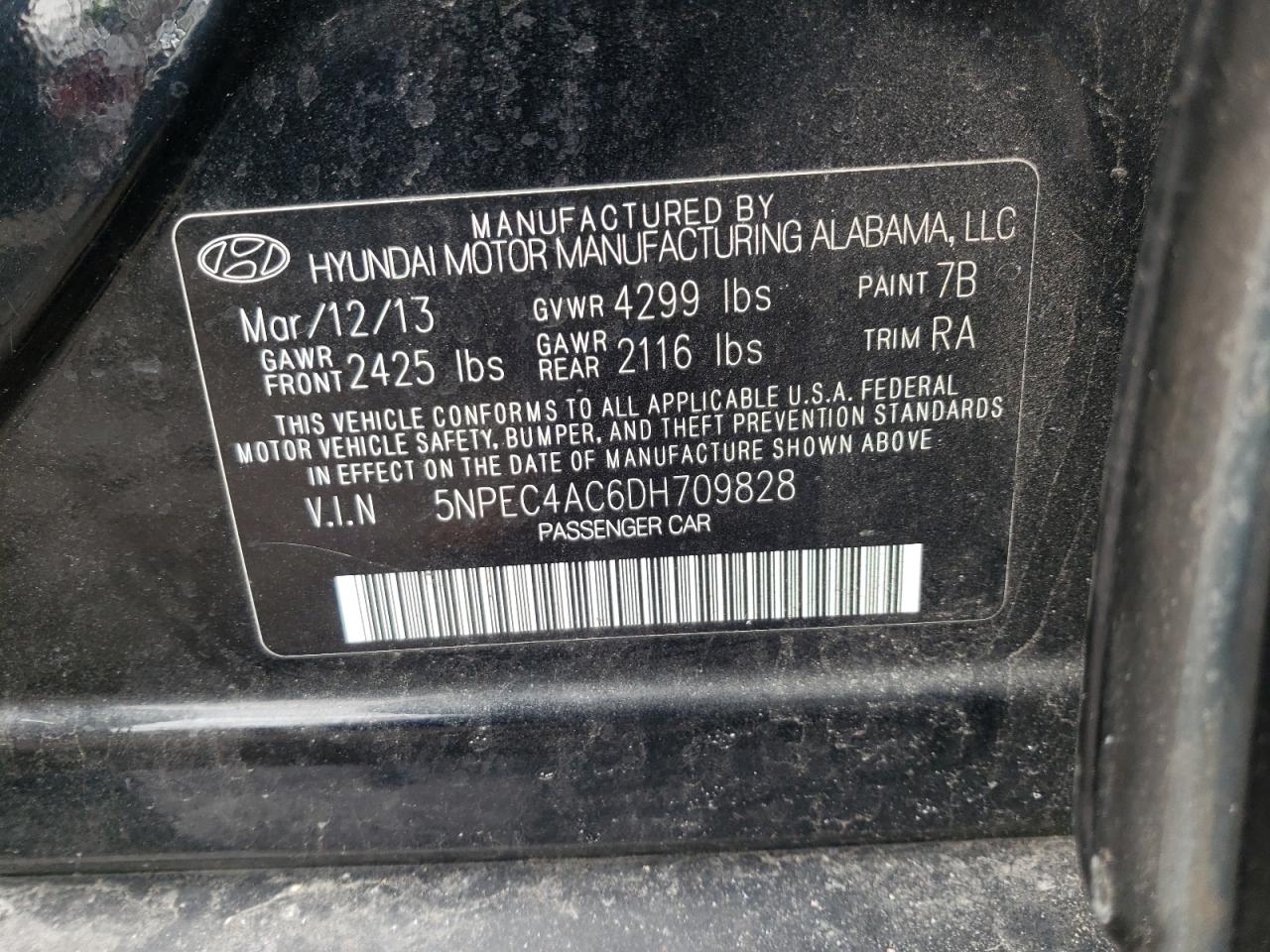 Photo 10 from auction – 2013 HYUNDAI SONATA SE with VIN 5NPEC4AC6DH709828