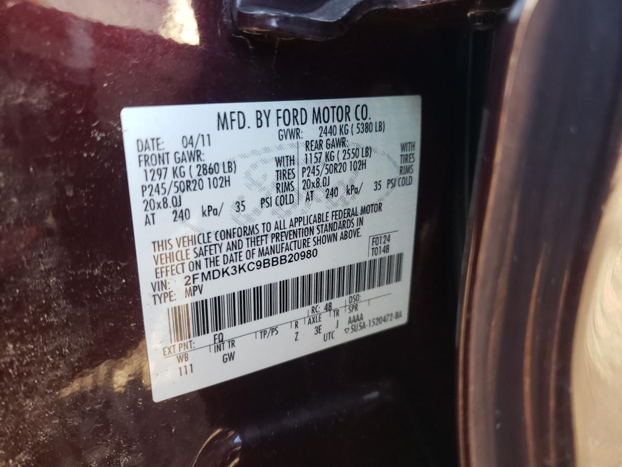 Photo 10 from auction – 2011 FORD EDGE LIMIT with VIN 2FMDK3KC9BBB20980
