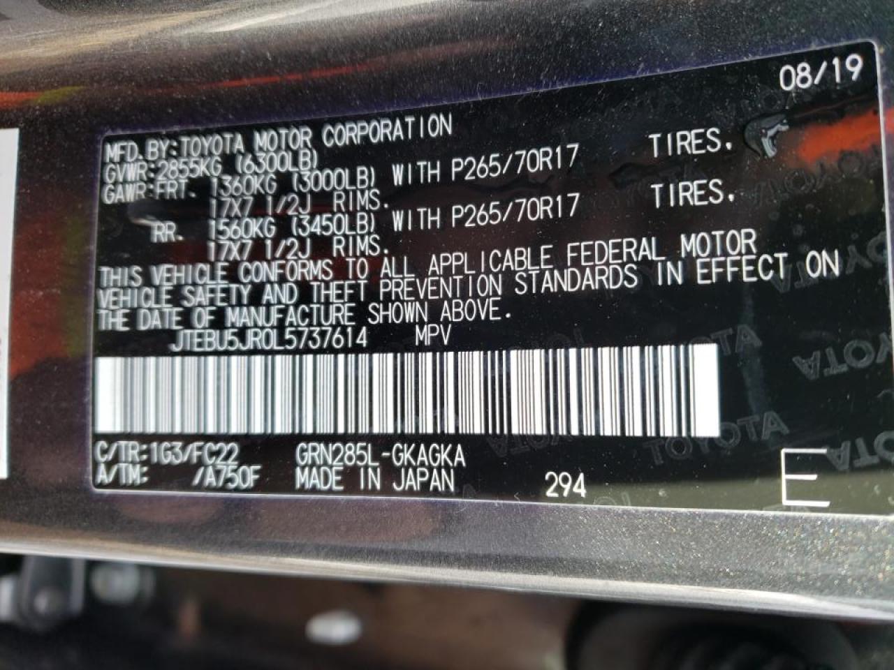 Photo 10 from auction – 2020 TOYOTA 4RUNNER SR with VIN JTEBU5JR0L5737614