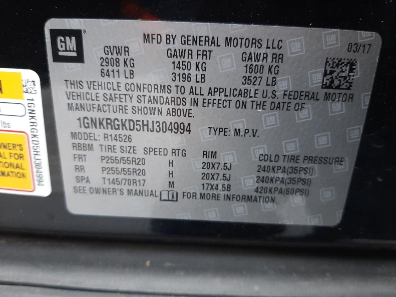 Photo 10 from auction – 2017 CHEVROLET TRAVERSE L with VIN 1GNKRGKD5HJ304994