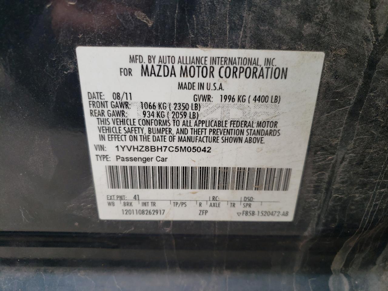 Photo 10 from auction – 2012 MAZDA 6 I with VIN 1YVHZ8BH7C5M05042