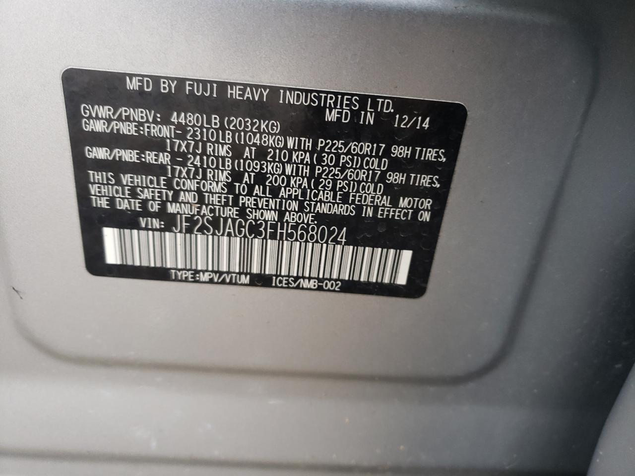 Photo 10 from auction – 2015 SUBARU FORESTER 2 with VIN JF2SJAGC3FH568024