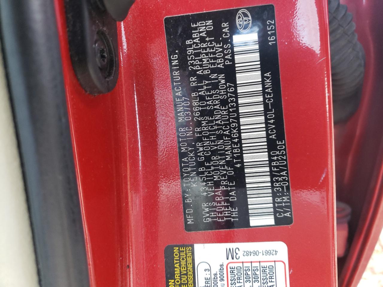 Photo 7 from auction – 2007 TOYOTA CAMRY CE with VIN 4T1BE46K97U133767