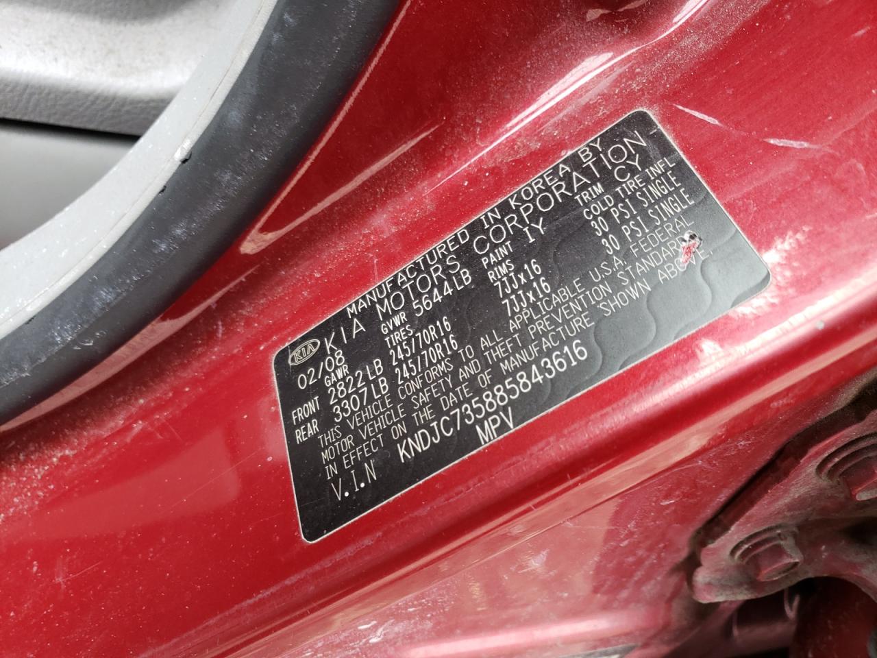 Photo 10 from auction – 2008 KIA SORENTO EX with VIN KNDJC735885843616