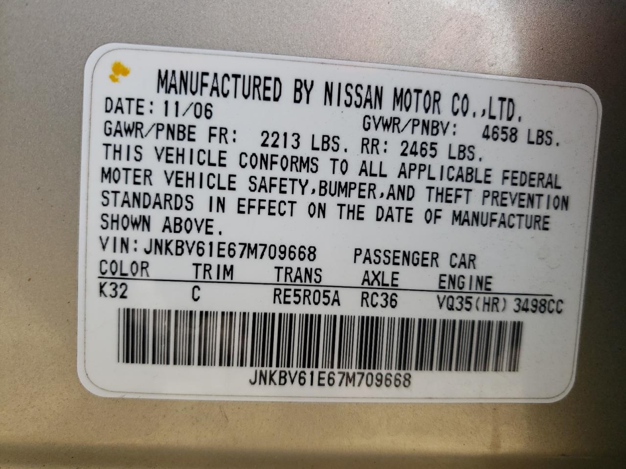 Photo 10 from auction – 2007 INFINITI G35 with VIN JNKBV61E67M709668