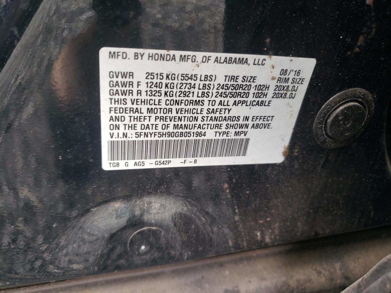 Photo 10 from auction – 2016 HONDA PILOT TOUR with VIN 5FNYF5H90GB051964