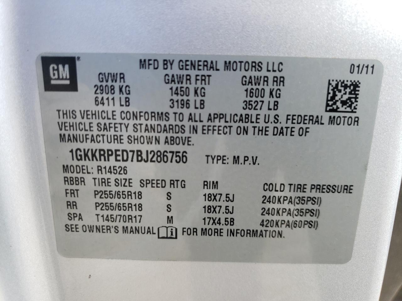 Photo 10 from auction – 2011 GMC ACADIA SLE with VIN 1GKKRPED7BJ286756
