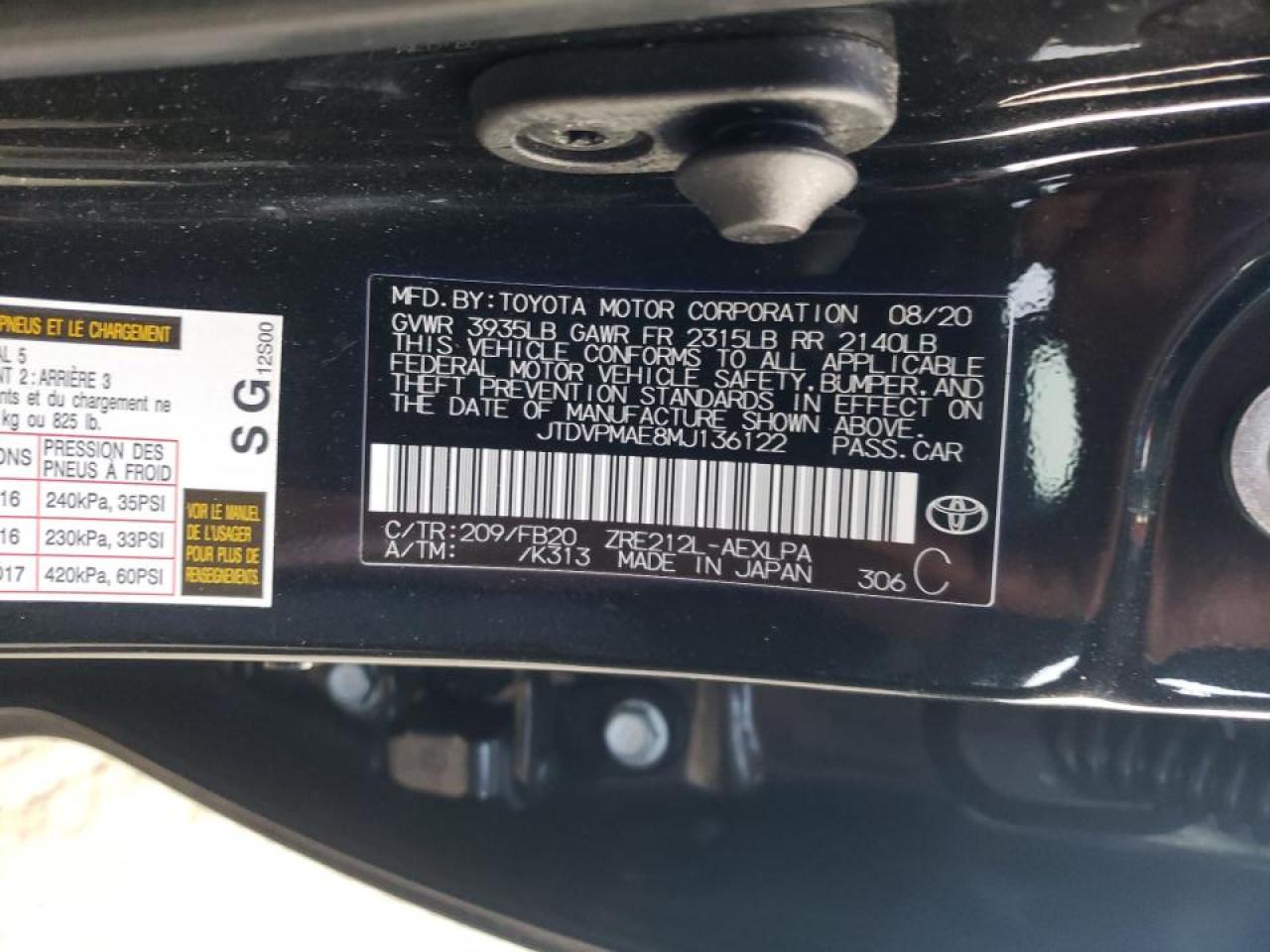 Photo 10 from auction – 2021 TOYOTA COROLLA LE with VIN JTDVPMAE8MJ136122