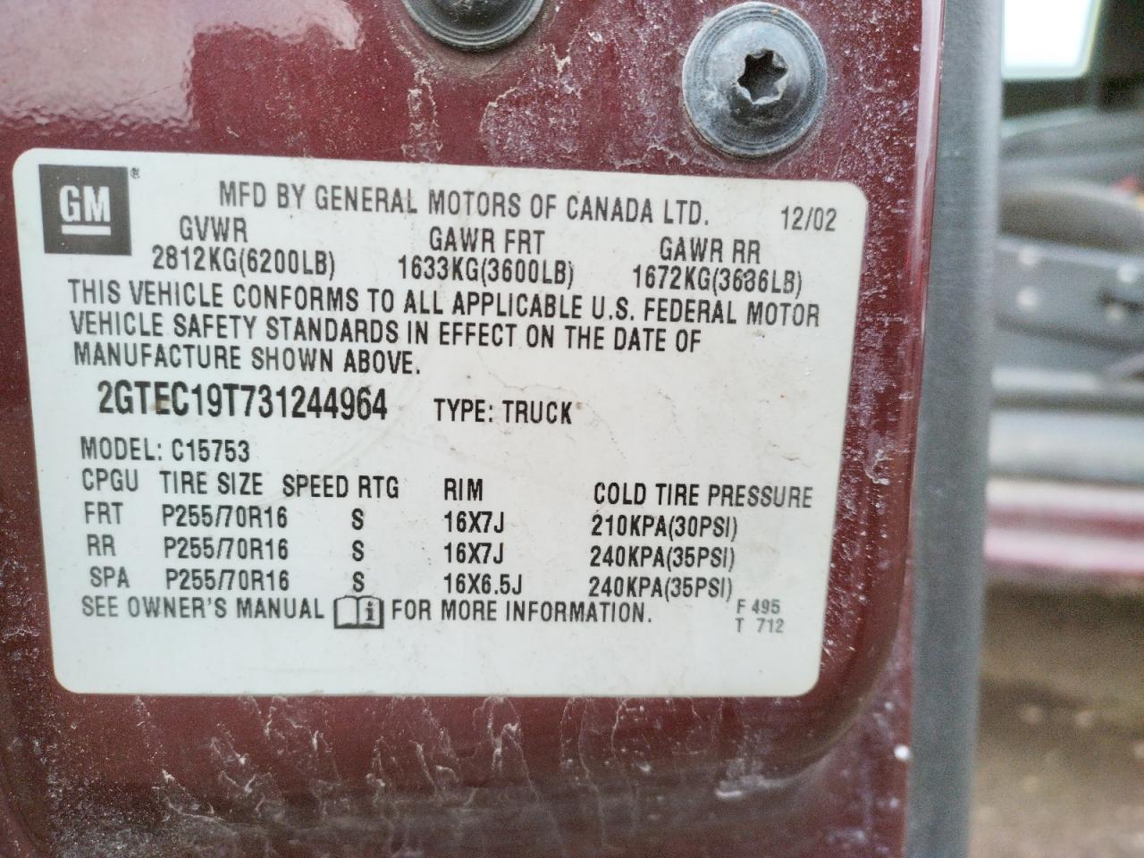 Photo 10 from auction – 2003 GMC NEW SIERRA with VIN 2GTEC19T731244964