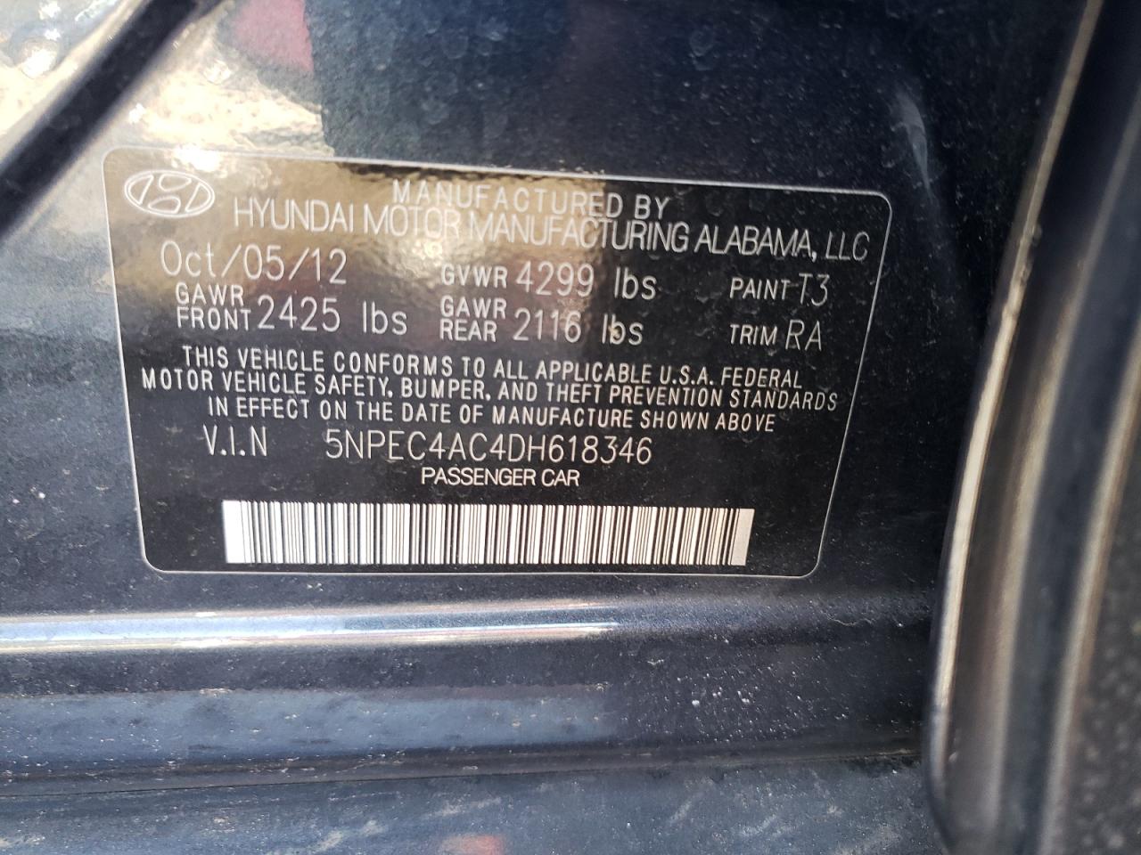 Photo 10 from auction – 2013 HYUNDAI SONATA SE with VIN 5NPEC4AC4DH618346