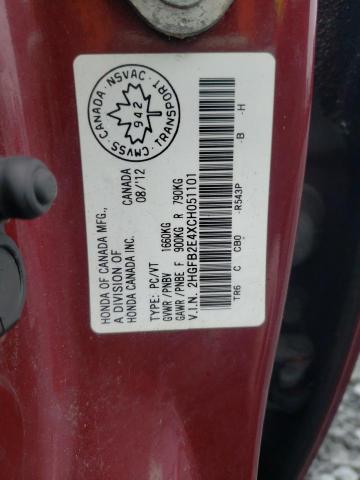HONDA CIVIC LX 2012 with VIN 2HGFB2E4XCH051101 - Photo from auction