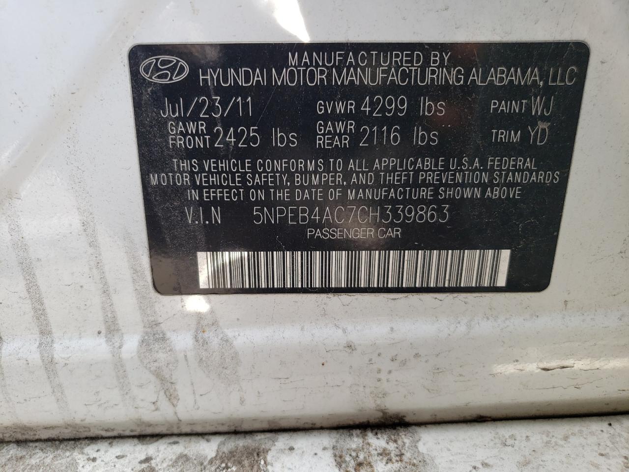 Photo 10 from auction – 2012 HYUNDAI SONATA GLS with VIN 5NPEB4AC7CH339863