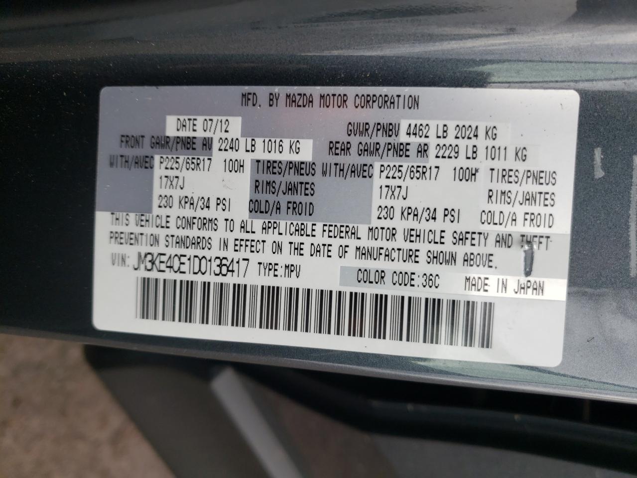 Photo 10 from auction – 2013 MAZDA CX-5 TOURI with VIN JM3KE4CE1D0136417