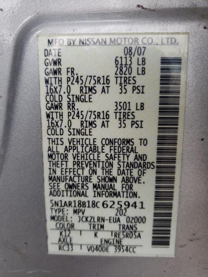 Photo 10 from auction – 2008 NISSAN PATHFINDER with VIN 5N1AR18B18C625941