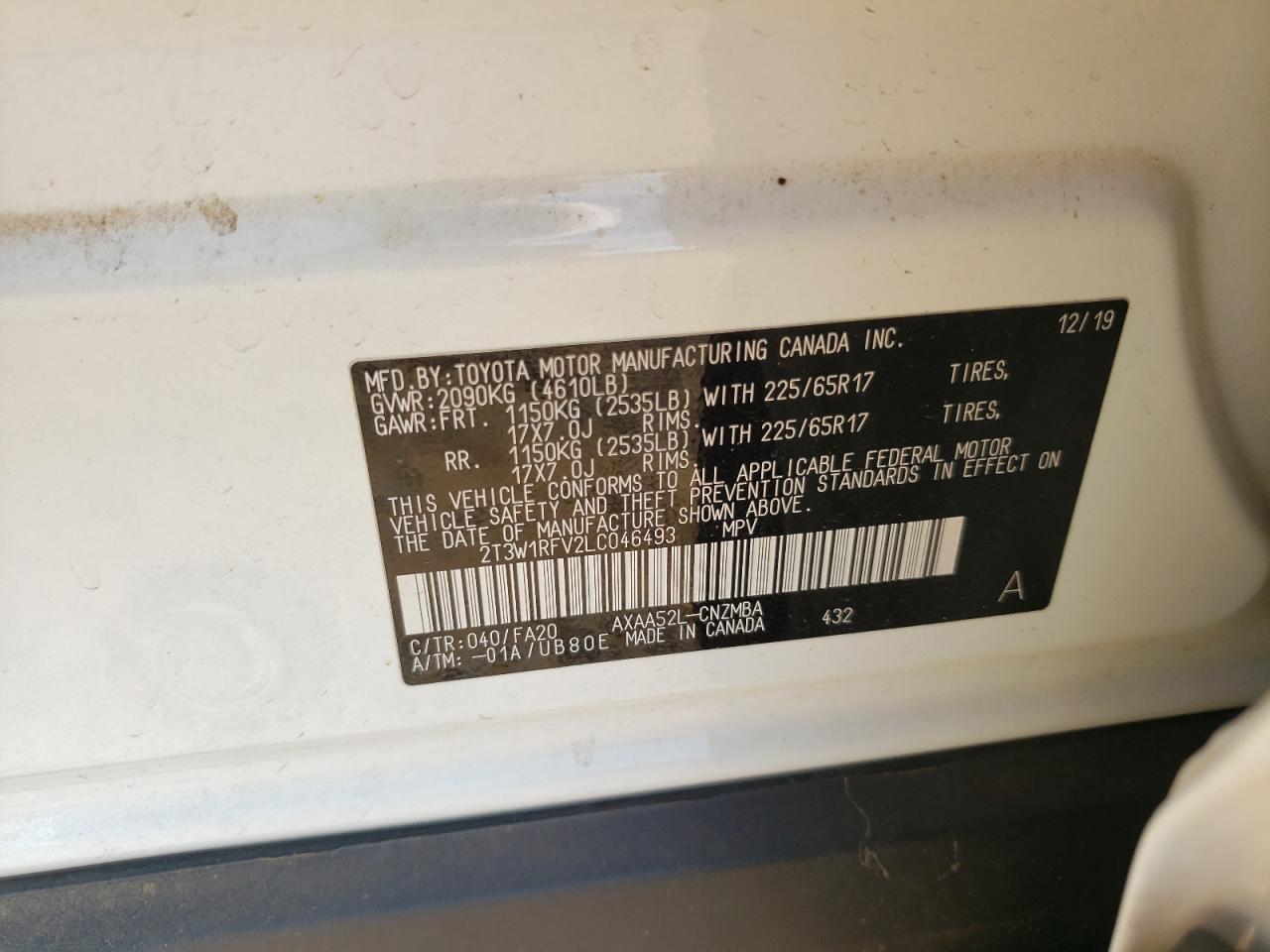 Photo 10 from auction – 2020 TOYOTA RAV4 XLE with VIN 2T3W1RFV2LC046493