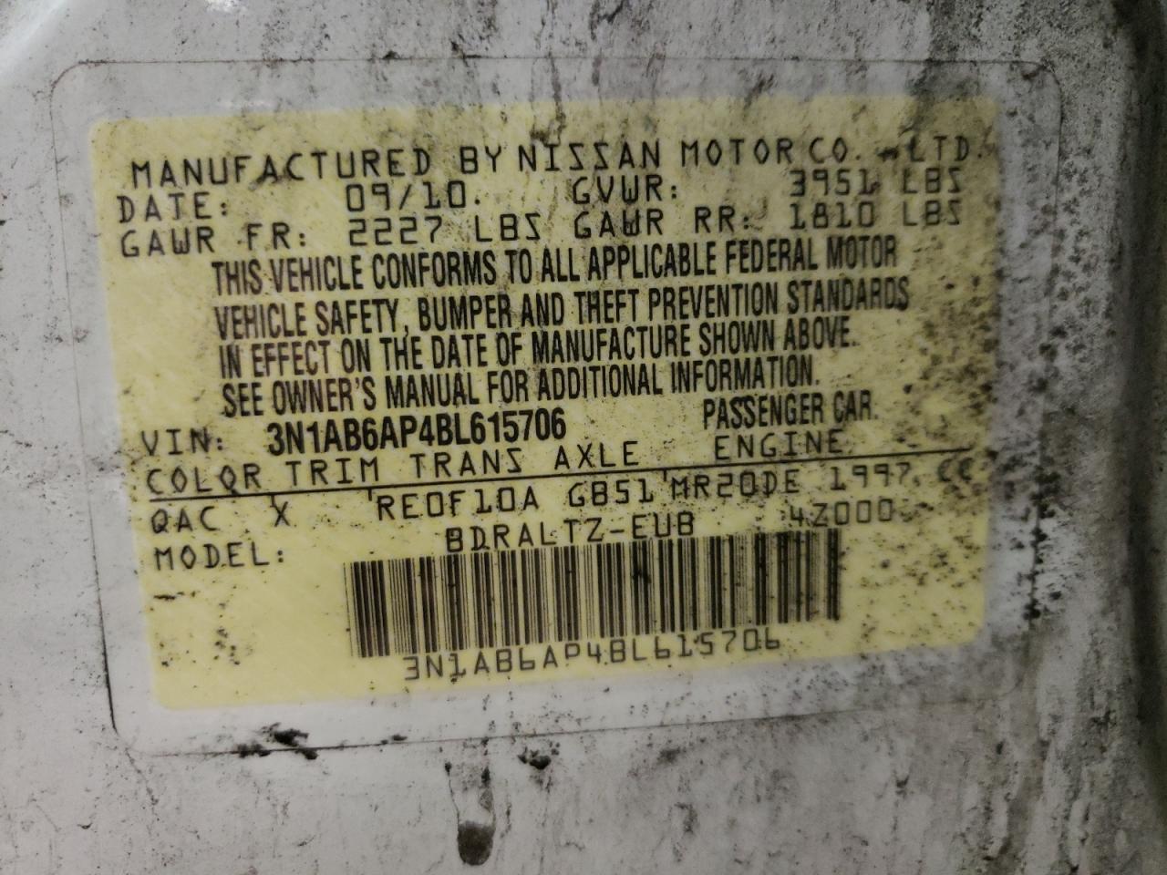 Photo 10 from auction – 2011 NISSAN SENTRA 2.0 with VIN 3N1AB6AP4BL615706