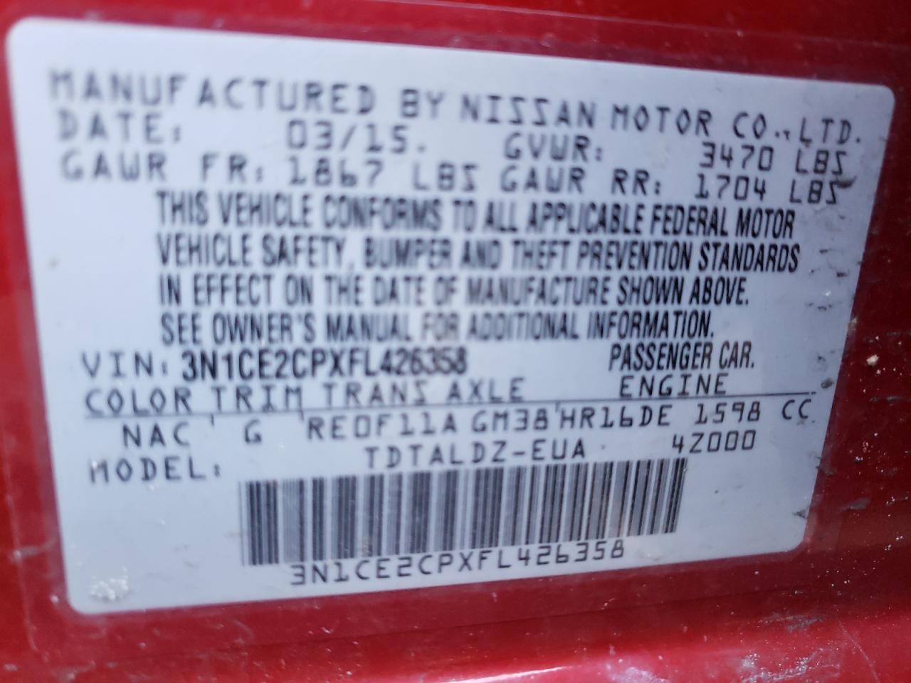 Photo 10 from auction – 2015 NISSAN VERSA NOTE with VIN 3N1CE2CPXFL426358