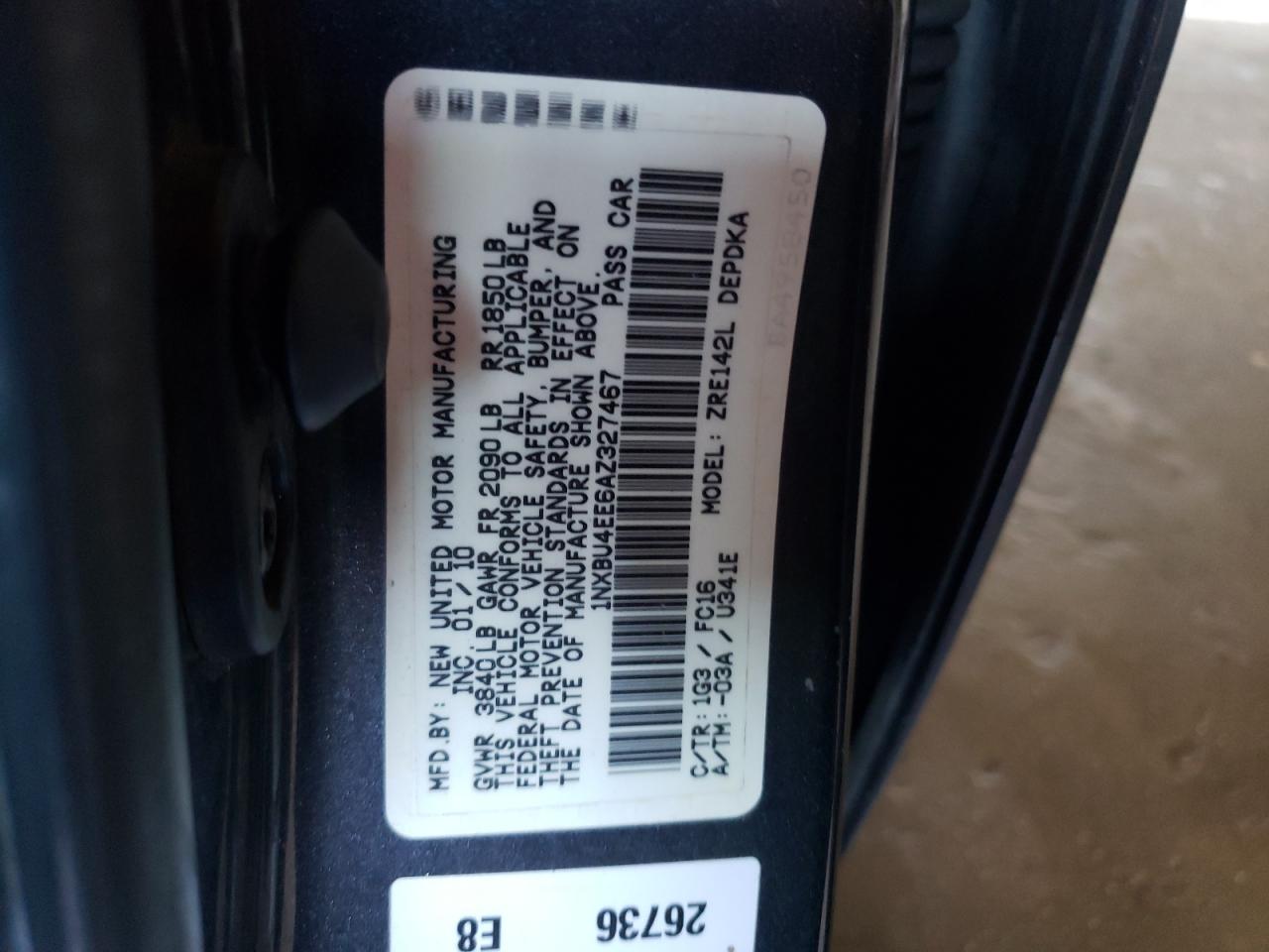 Photo 10 from auction – 2010 TOYOTA COROLLA BA with VIN 1NXBU4EE6AZ327467