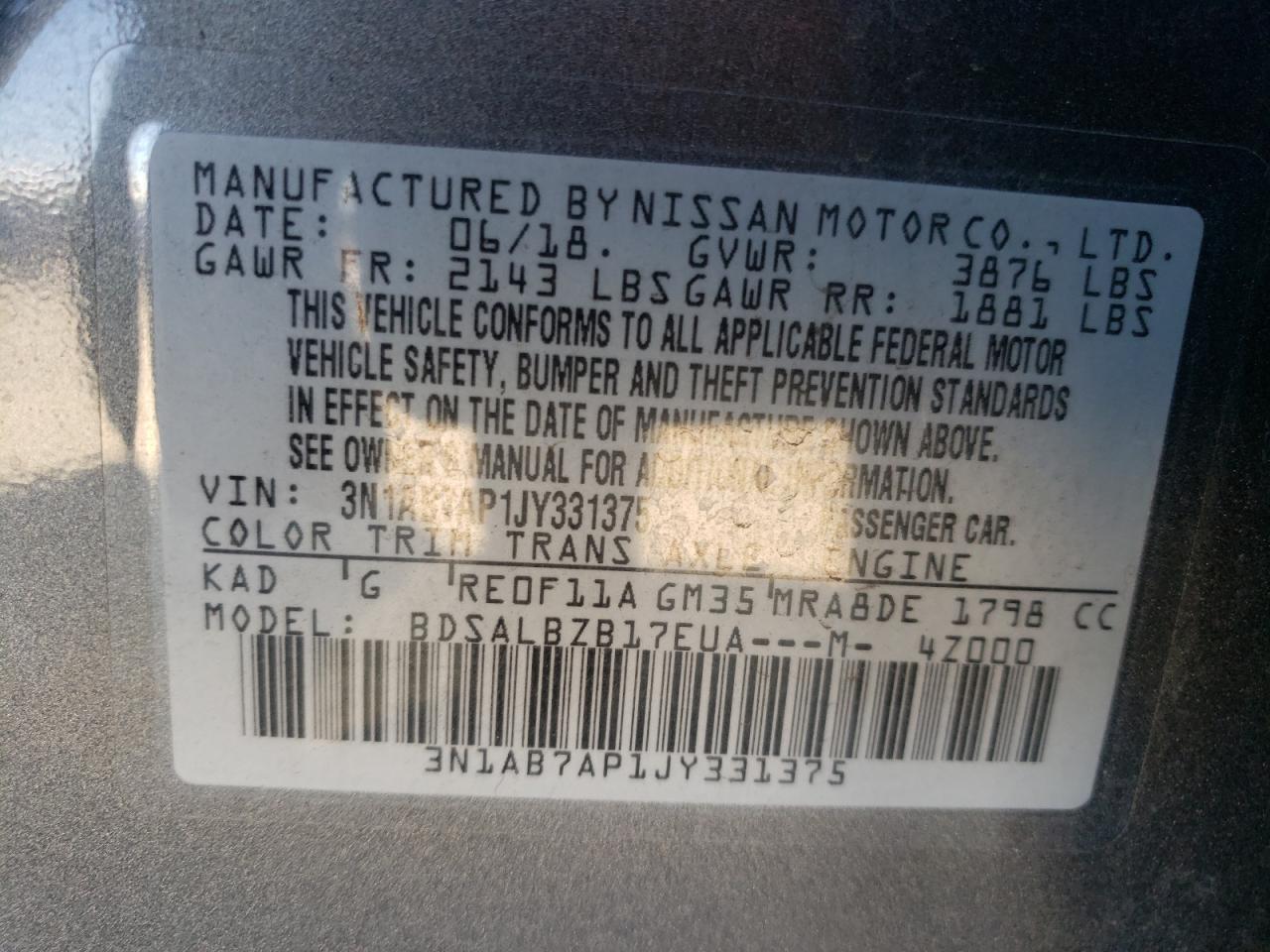Photo 10 from auction – 2018 NISSAN SENTRA S with VIN 3N1AB7AP1JY331375