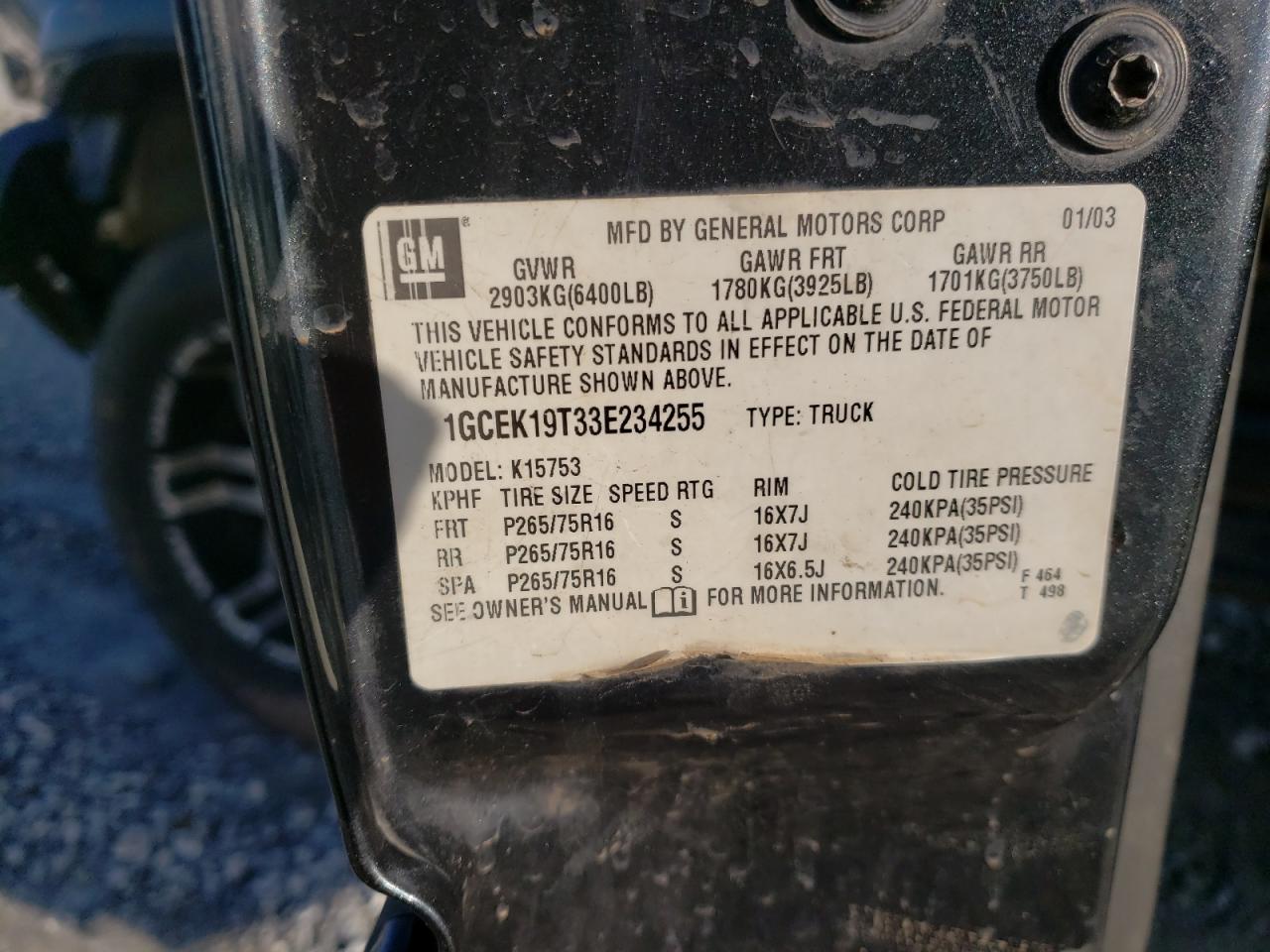 Photo 10 from auction – 2003 CHEVROLET SILVERADO with VIN 1GCEK19T33E234255