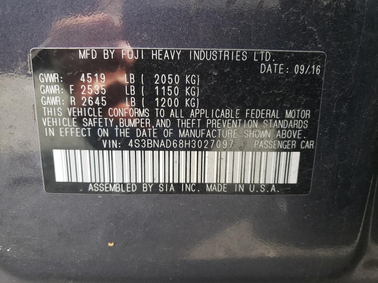 Photo 10 from auction – 2017 SUBARU LEGACY 2.5 with VIN 4S3BNAD68H3027097