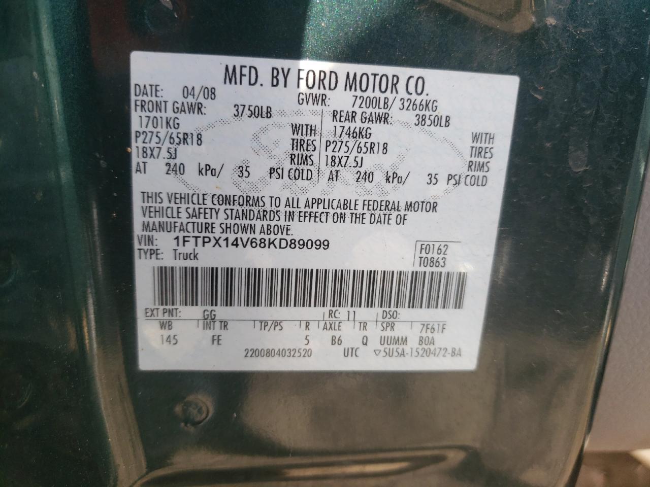 Photo 10 from auction – 2008 FORD F150 with VIN 1FTPX14V68KD89099