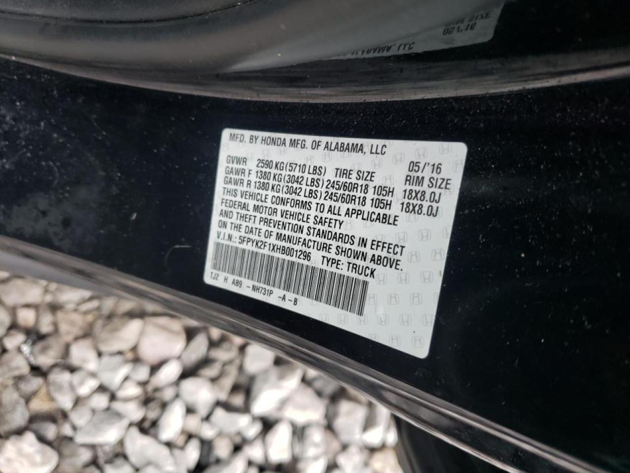 Photo 10 from auction – 2017 HONDA RIDGELINE with VIN 5FPYK2F1XHB001296