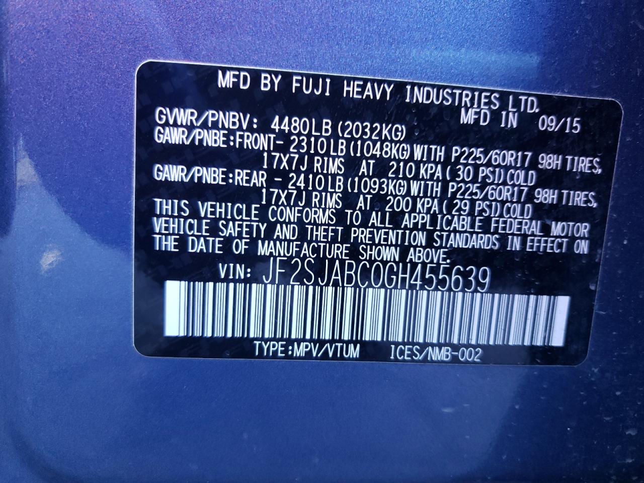 Photo 10 from auction – 2016 SUBARU FORESTER 2 with VIN JF2SJABC0GH455639