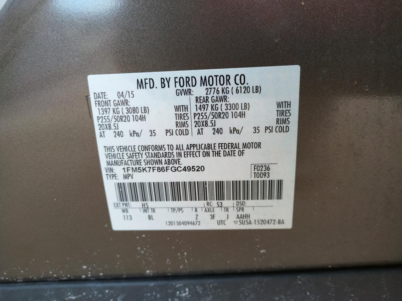 Photo 10 from auction – 2015 FORD EXPLORER L with VIN 1FM5K7F86FGC49520