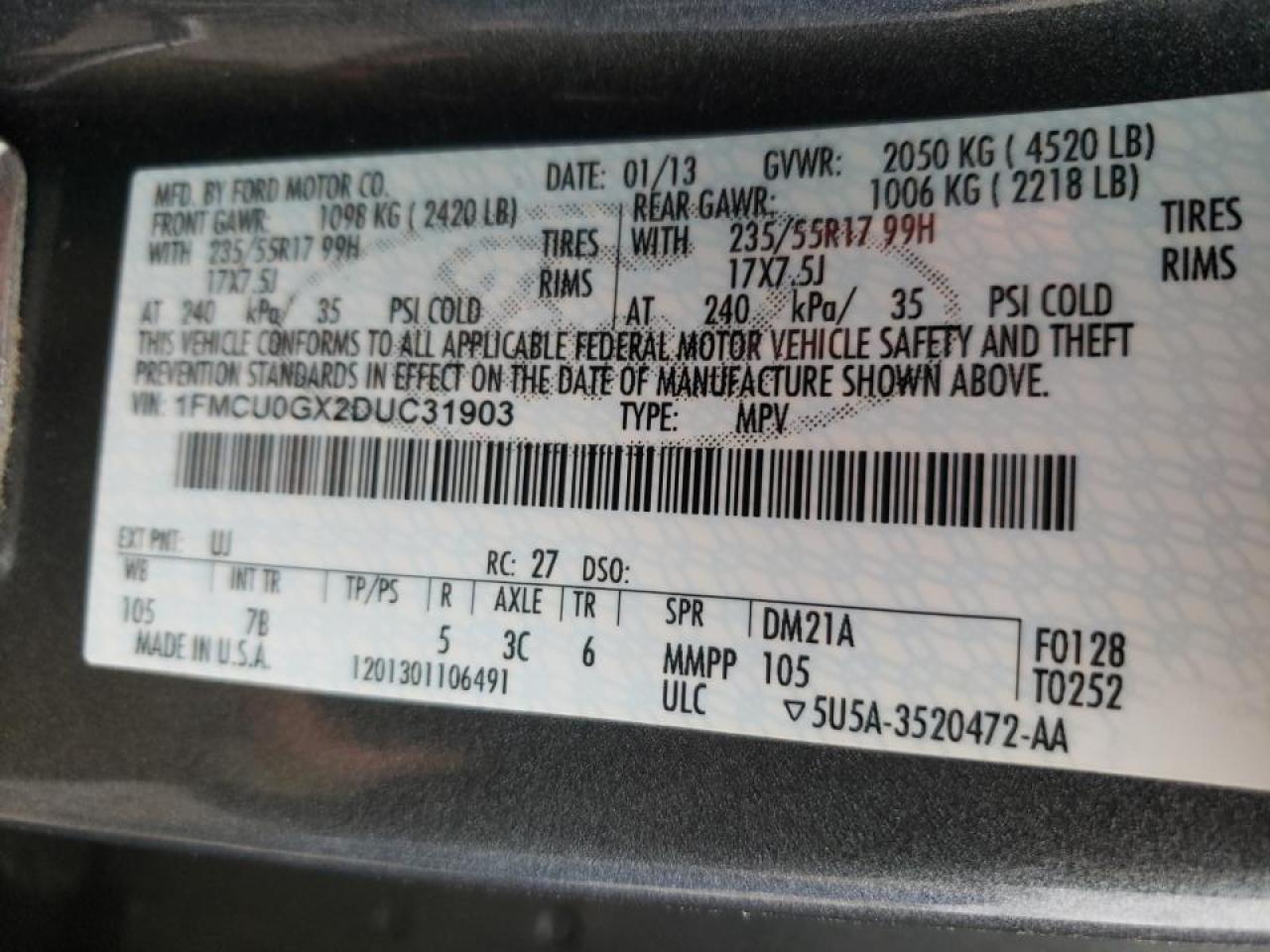Photo 10 from auction – 2013 FORD ESCAPE SE with VIN 1FMCU0GX2DUC31903