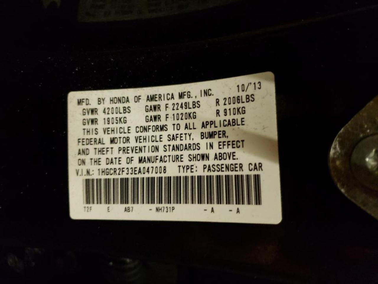 Photo 10 from auction – 2014 HONDA ACCORD LX with VIN 1HGCR2F33EA047008
