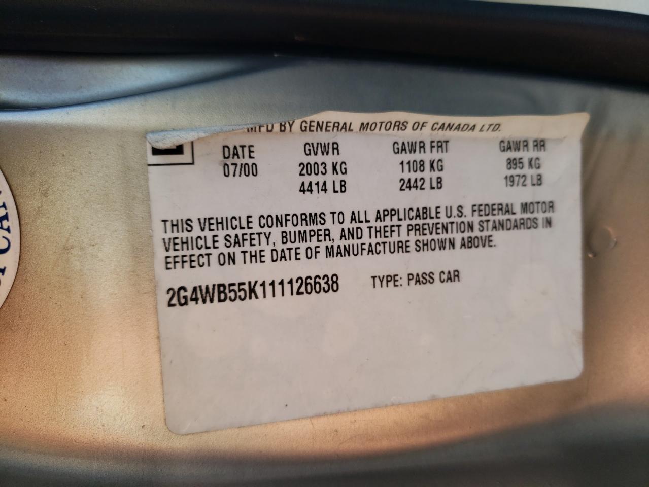 Photo 10 from auction – 2001 BUICK REGAL LS with VIN 2G4WB55K111126638