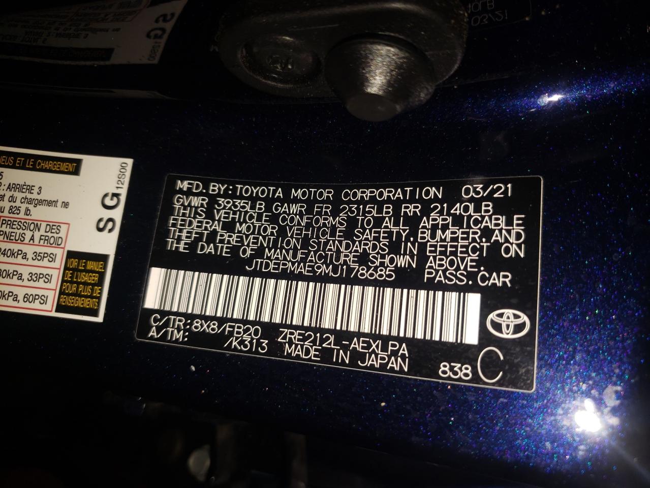 Photo 10 from auction – 2021 TOYOTA COROLLA LE with VIN JTDEPMAE9MJ178685