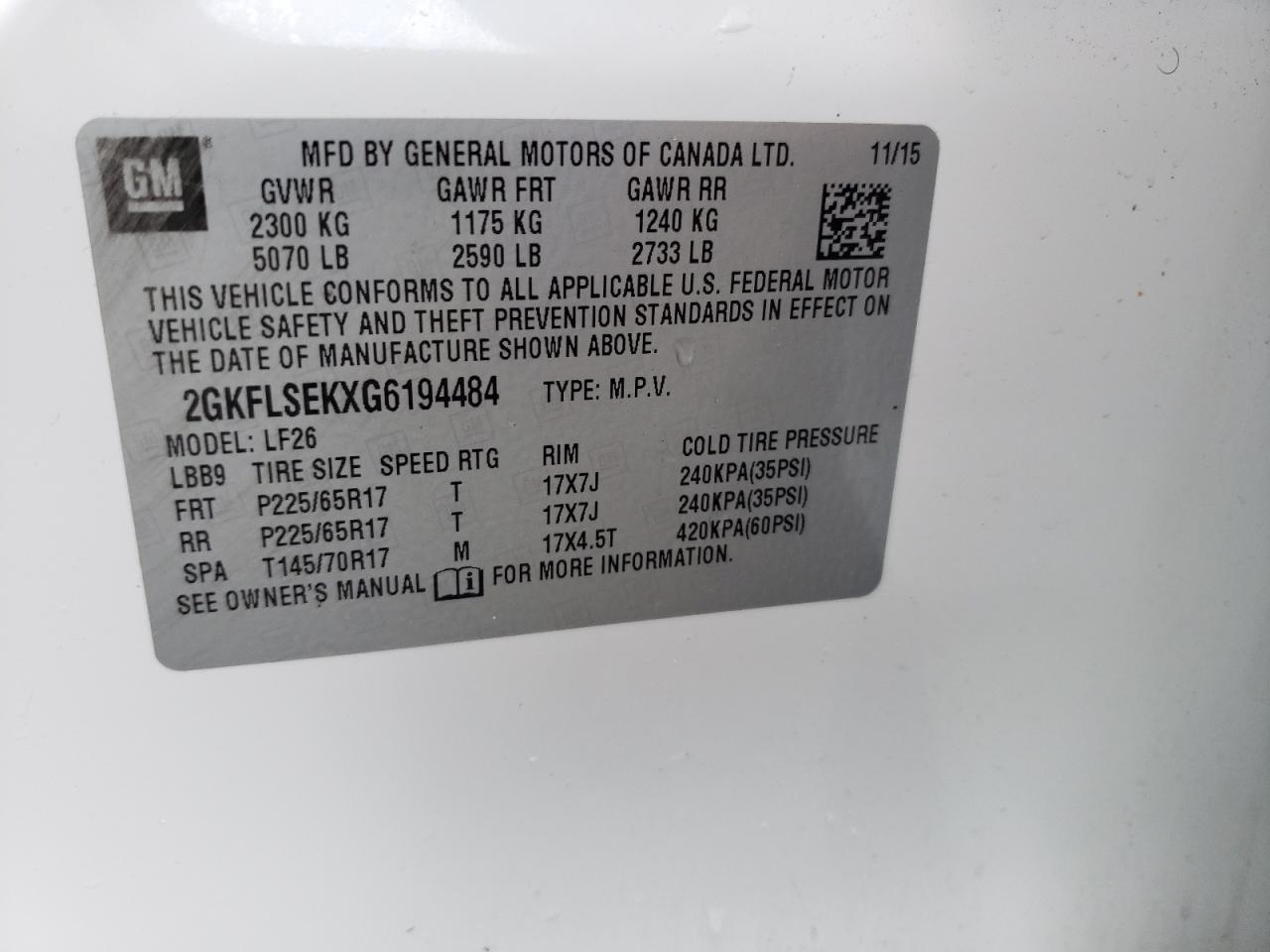 Photo 10 from auction – 2016 GMC TERRAIN SL with VIN 2GKFLSEKXG6194484
