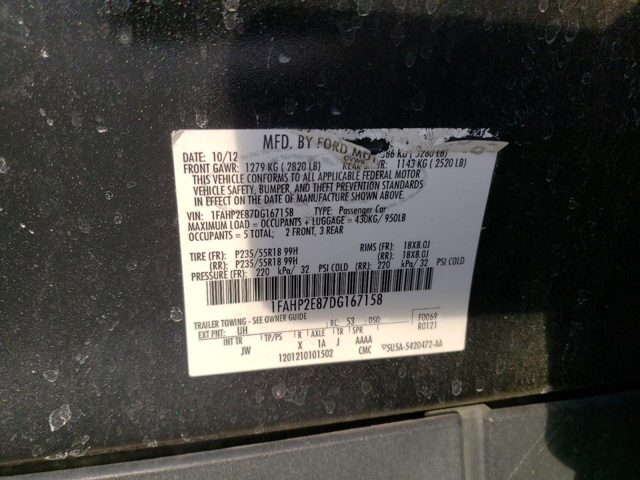 Photo 10 from auction – 2013 FORD TAURUS SEL with VIN 1FAHP2E87DG167158