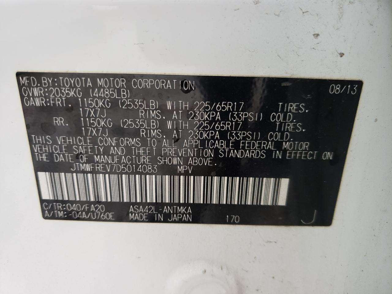 Photo 10 from auction – 2013 TOYOTA RAV4 XLE with VIN JTMWFREV7D5014083