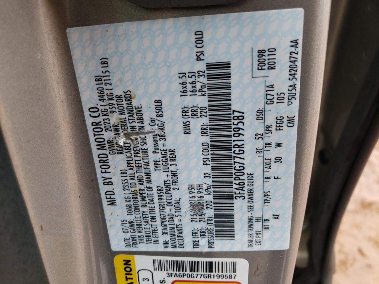 Photo 10 from auction – 2016 FORD FUSION S with VIN 3FA6P0G77GR199587