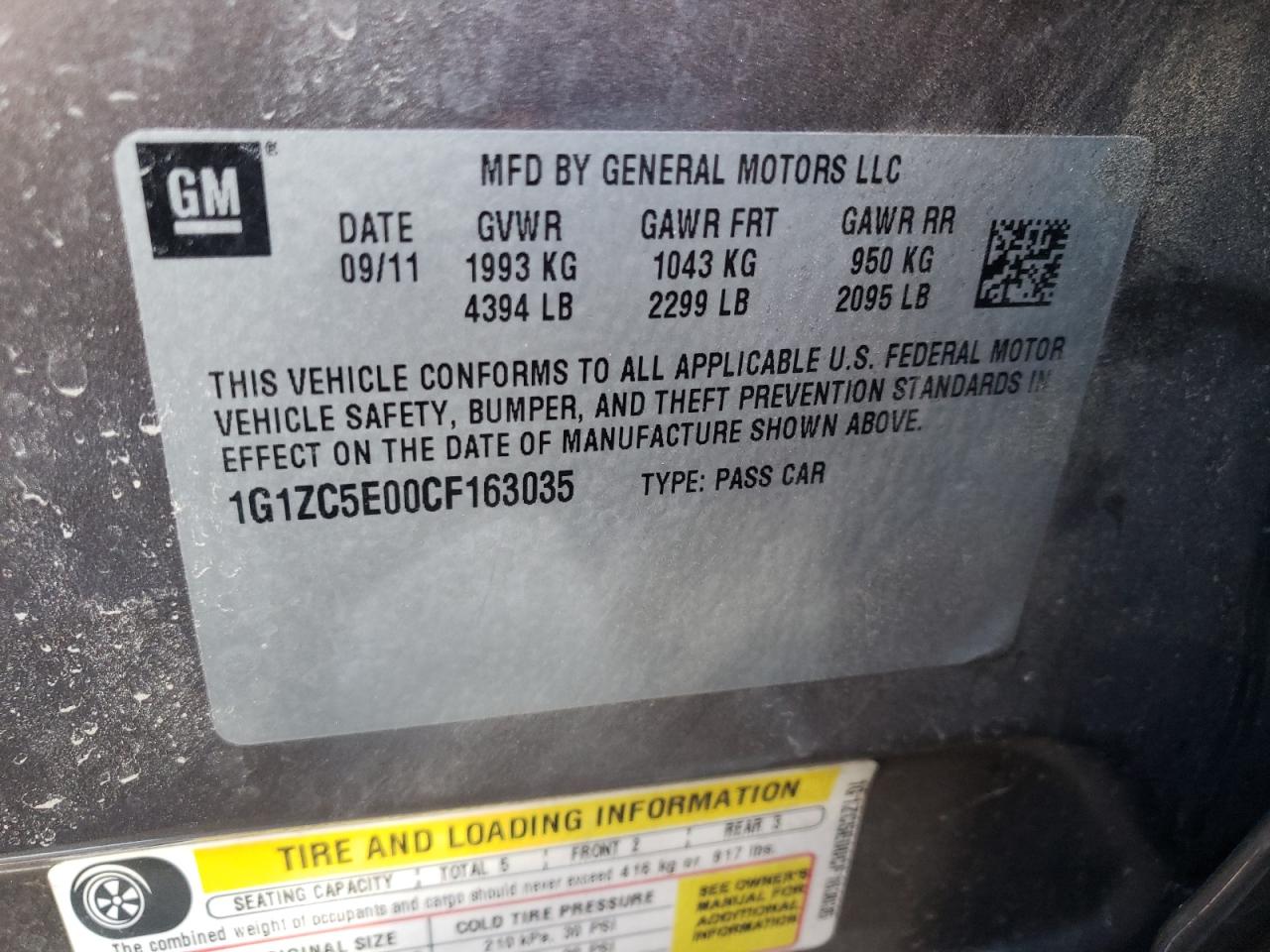 Photo 10 from auction – 2012 CHEVROLET MALIBU 1LT with VIN 1G1ZC5E00CF163035