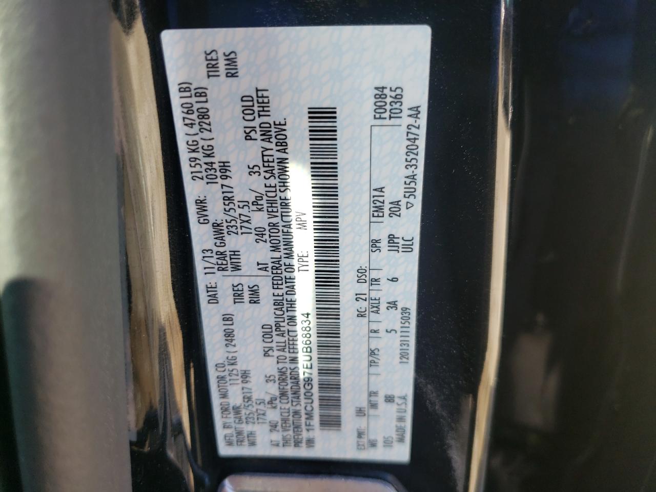 Photo 10 from auction – 2014 FORD ESCAPE SE with VIN 1FMCU0G97EUB68834