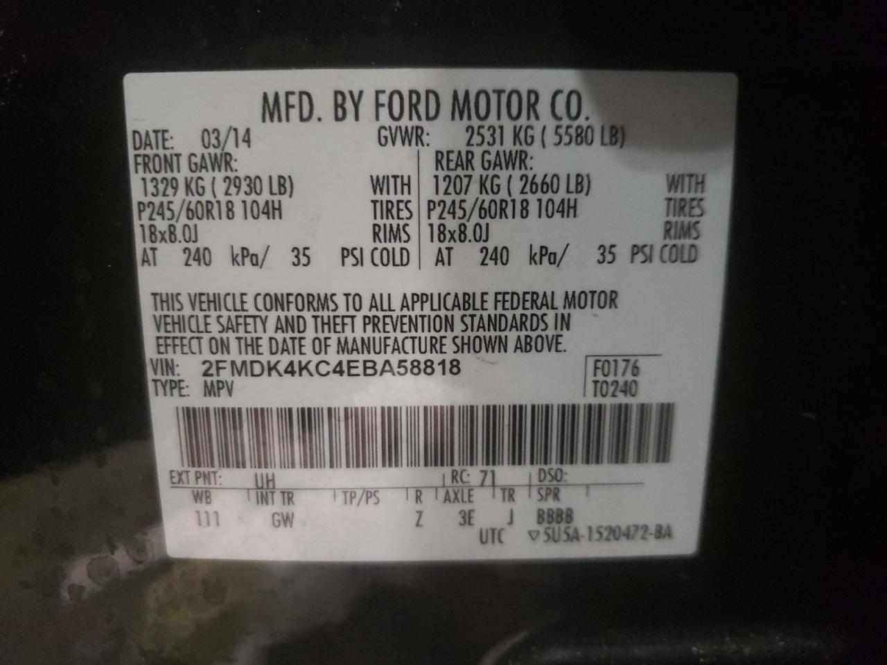Photo 10 from auction – 2014 FORD EDGE LIMIT with VIN 2FMDK4KC4EBA58818