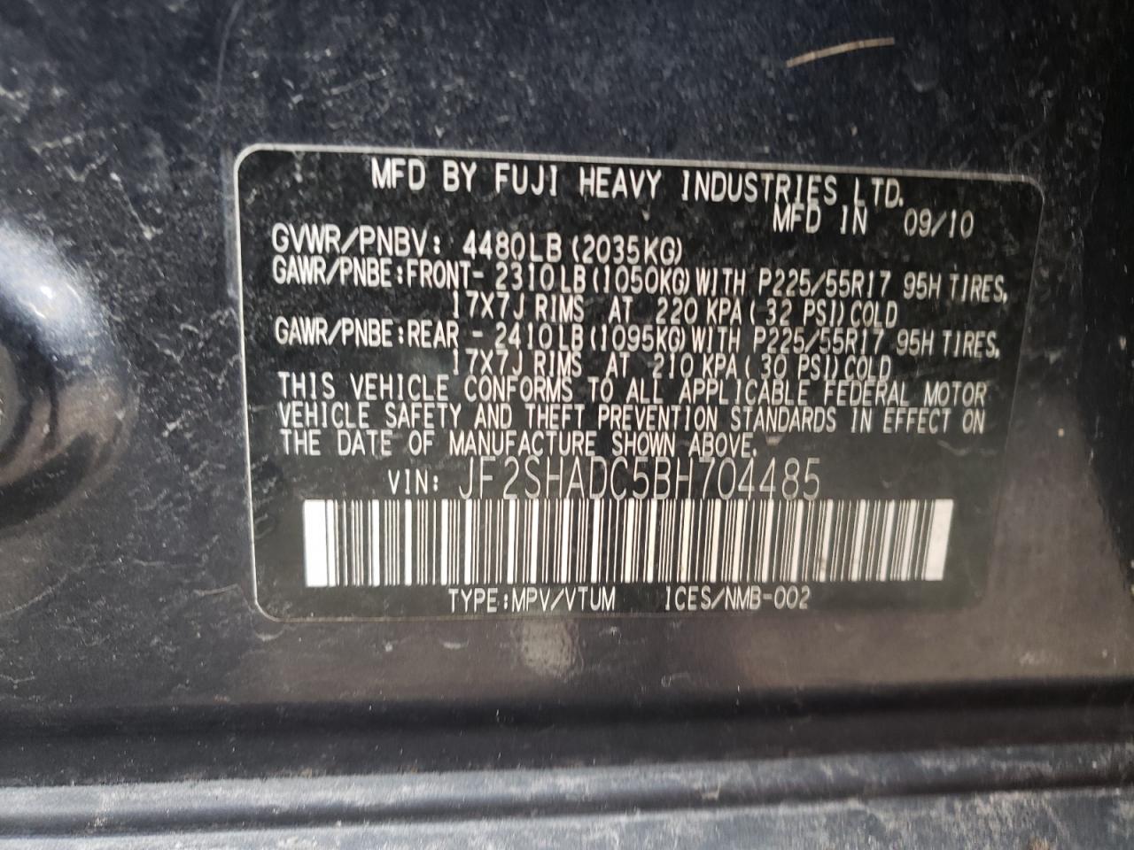 Photo 10 from auction – 2011 SUBARU FORESTER 2 with VIN JF2SHADC5BH704485