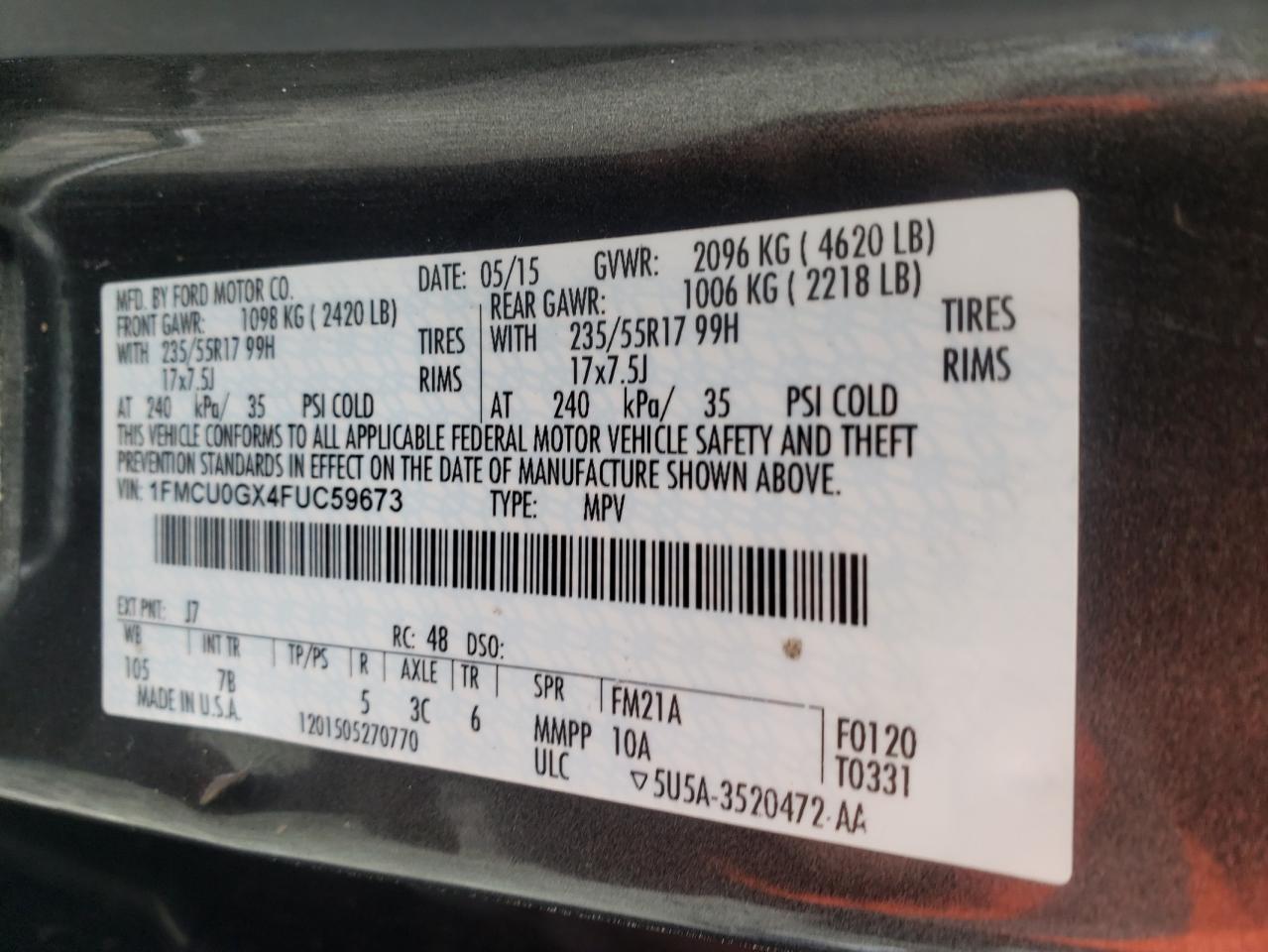 Photo 10 from auction – 2015 FORD ESCAPE SE with VIN 1FMCU0GX4FUC59673