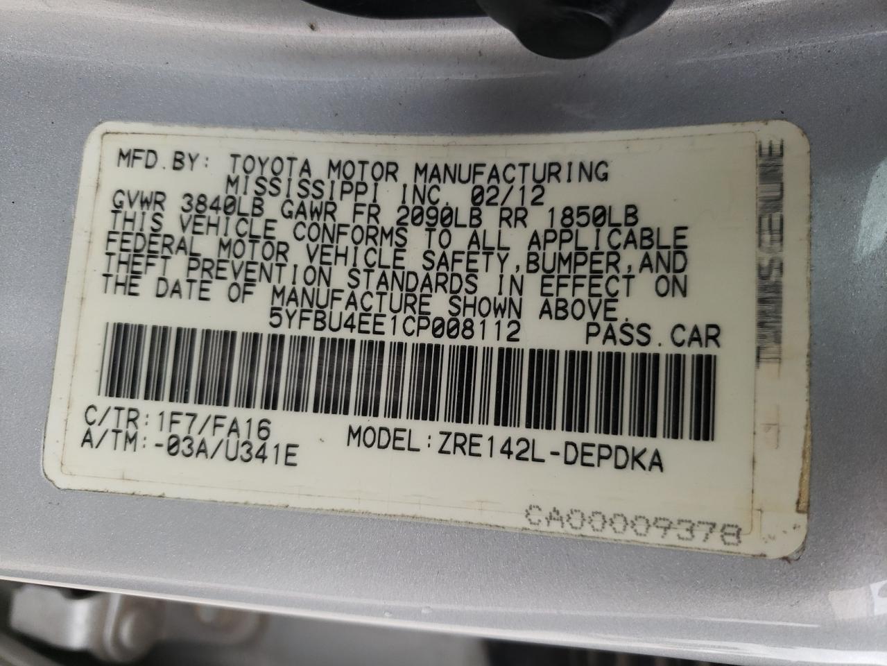 Photo 10 from auction – 2012 TOYOTA COROLLA BA with VIN 5YFBU4EE1CP008112