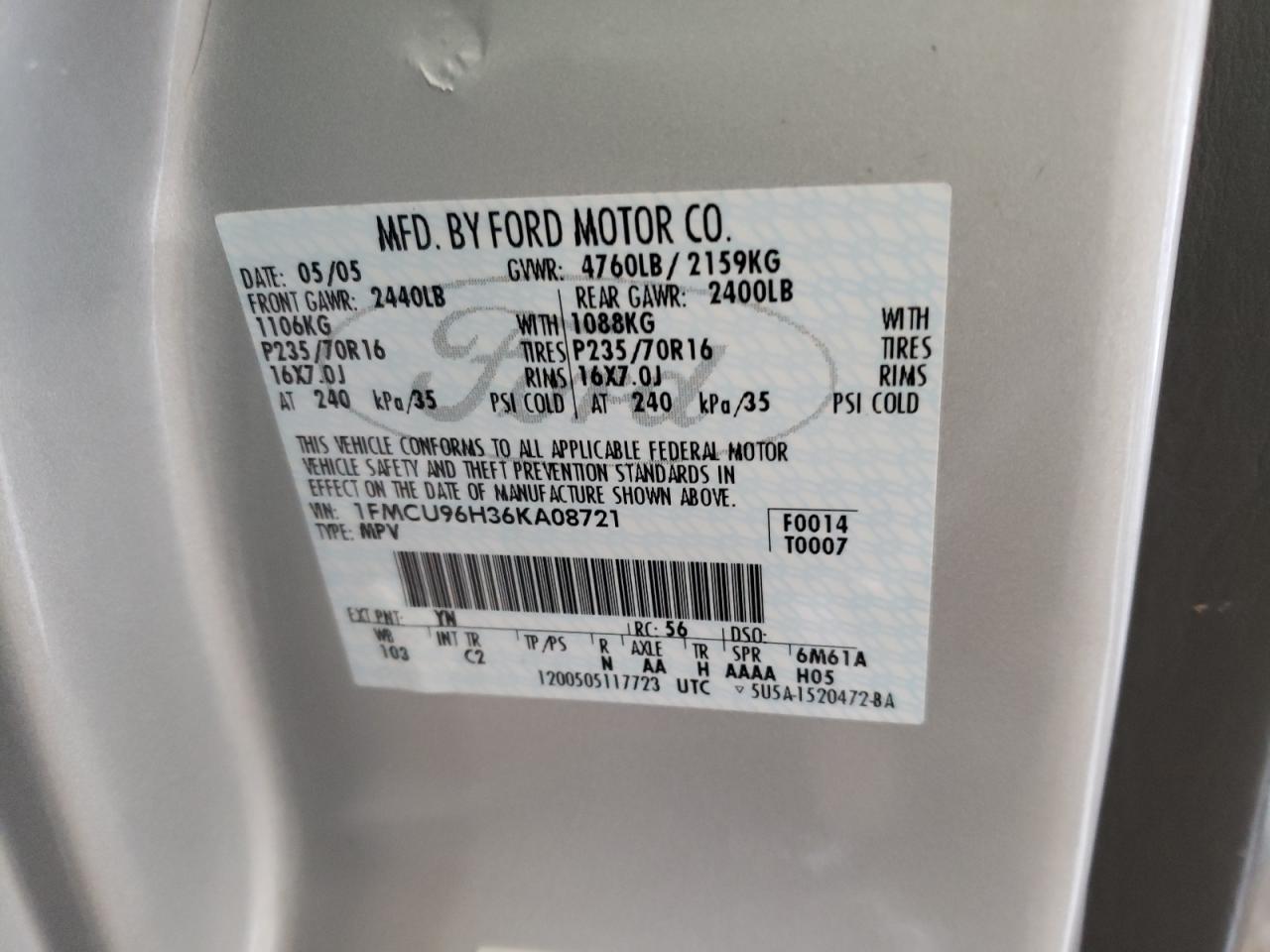 Photo 10 from auction – 2006 FORD ESCAPE HEV with VIN 1FMCU96H36KA08721