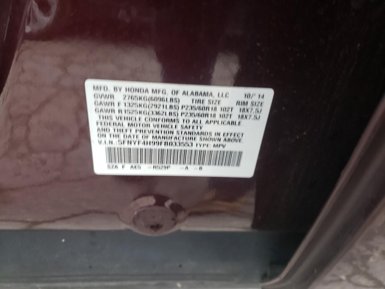 Photo 10 from auction – 2015 HONDA PILOT TOUR with VIN 5FNYF4H99FB033553