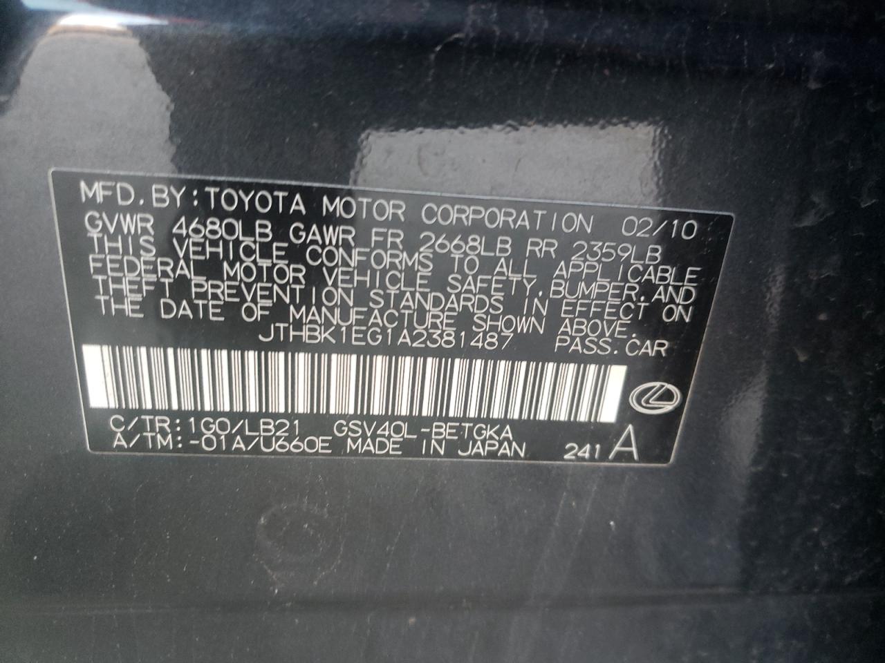 Photo 10 from auction – 2010 LEXUS ES 350 with VIN JTHBK1EG1A2381487