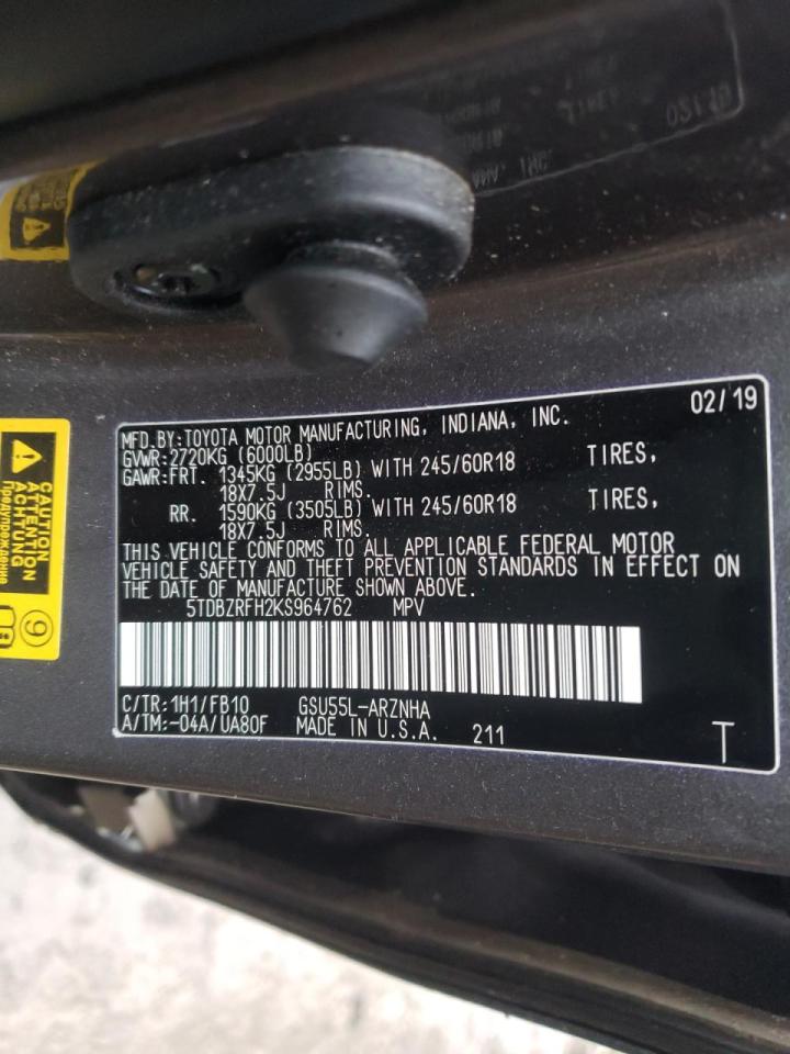 Photo 10 from auction – 2019 TOYOTA HIGHLANDER with VIN 5TDBZRFH2KS964762
