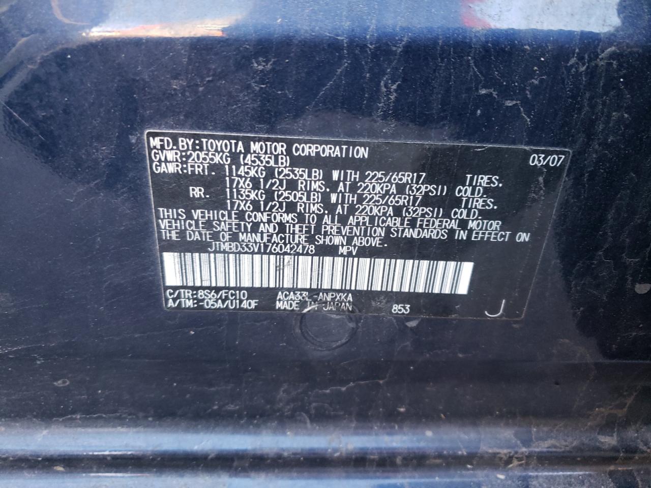 Photo 10 from auction – 2007 TOYOTA RAV4 with VIN JTMBD33V176042478
