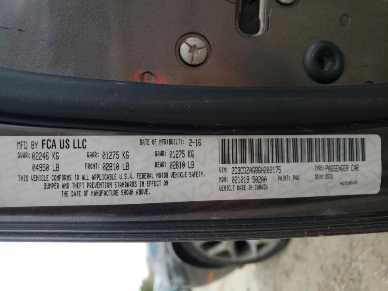 Photo 10 from auction – 2016 DODGE CHALLENGER with VIN 2C3CDZAG8GH202175