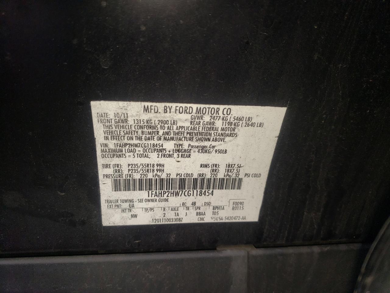 Photo 10 from auction – 2012 FORD TAURUS SEL with VIN 1FAHP2HW7CG118454